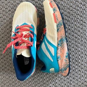 The North Face Women’s Vectiv Trail Running Shoes in cream, blue, coral, size 8